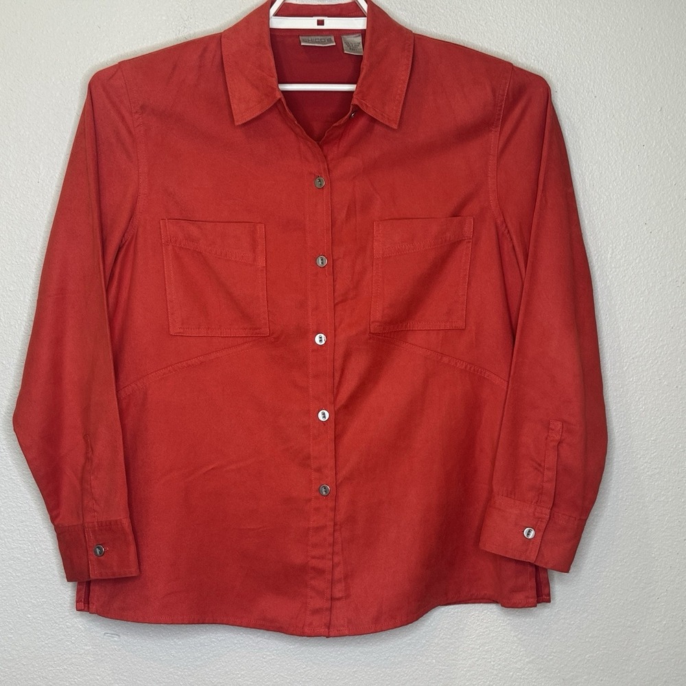Chico's Button Down Faux Suede Top Womens Size 1 Red Orange Long Sleeve Collared
